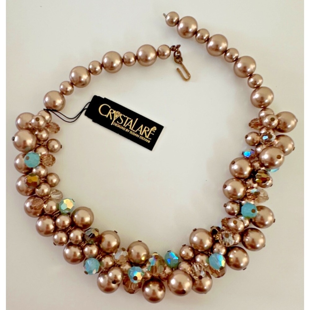 Crystalare Susan Stefani Bead Necklace Choker Gold Blue Cha Cha Statement Tags